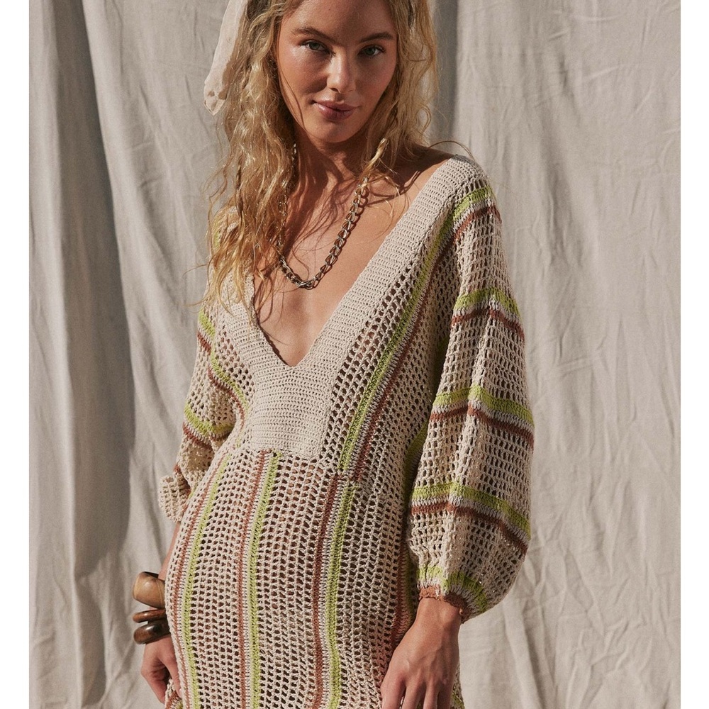 Jen's Pirate Booty Cream Crochet Maxi Dress with Green and Brown Stripes